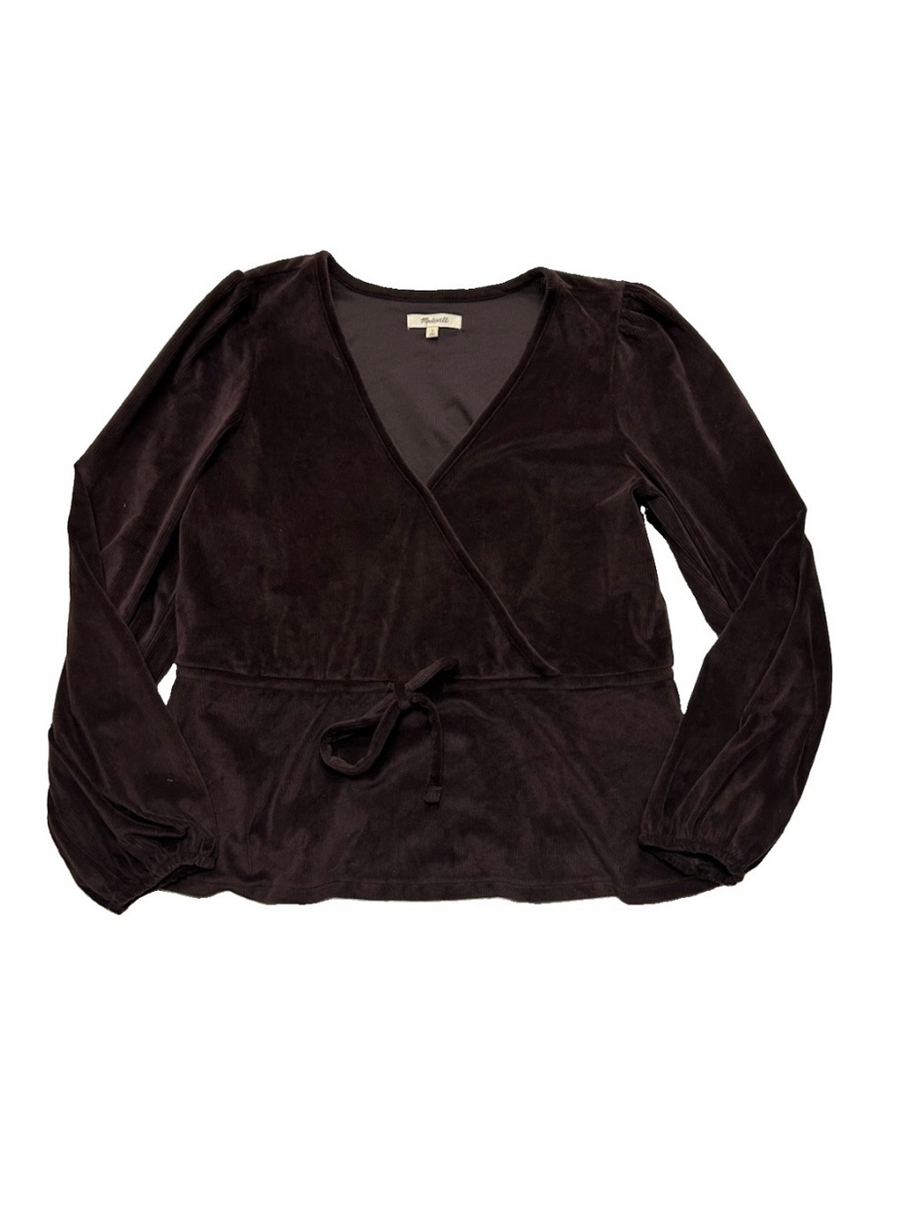 MADEWELL Women Velour Peplum Ribbed Long Sleeve V Neck Top Sz L Chocolate Brown